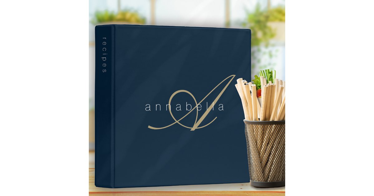 Elegant Monogram Navy Gold Script Recipe 3 Ring Binder | Zazzle
