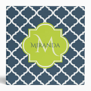 Elegant Monogram Navy Green Quatrefoil and Name Binder