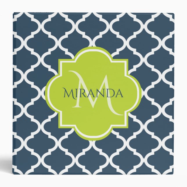 Elegant Monogram Navy Green Quatrefoil and Name Binder (Front)