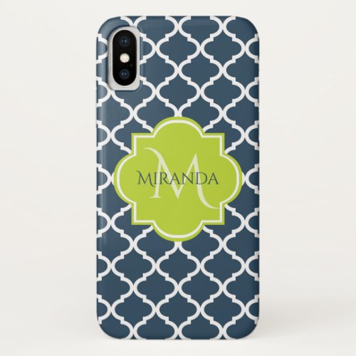 Elegant Monogram Navy Green Quatrefoil and Name iPhone X Case