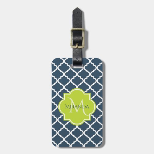 Elegant Monogram Navy Green Quatrefoil and Name Luggage Tag