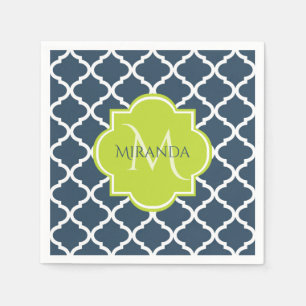 Elegant Monogram Navy Green Quatrefoil and Name Napkins
