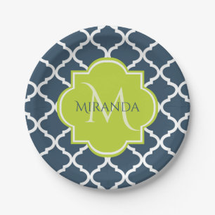Elegant Monogram Navy Green Quatrefoil and Name Paper Plates