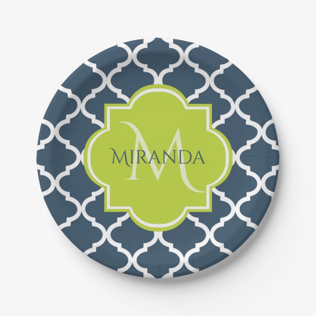 Elegant Monogram Navy Green Quatrefoil and Name Paper Plates (Front)