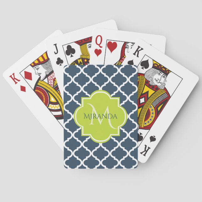Elegant Monogram Navy Green Quatrefoil and Name Poker Cards (Back)