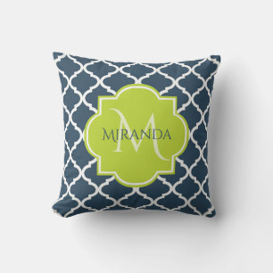 Elegant Monogram Navy Green Quatrefoil and Name Throw Pillow