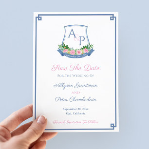 Elegant Monogram Navy Pink Roses Wedding Crest Save The Date