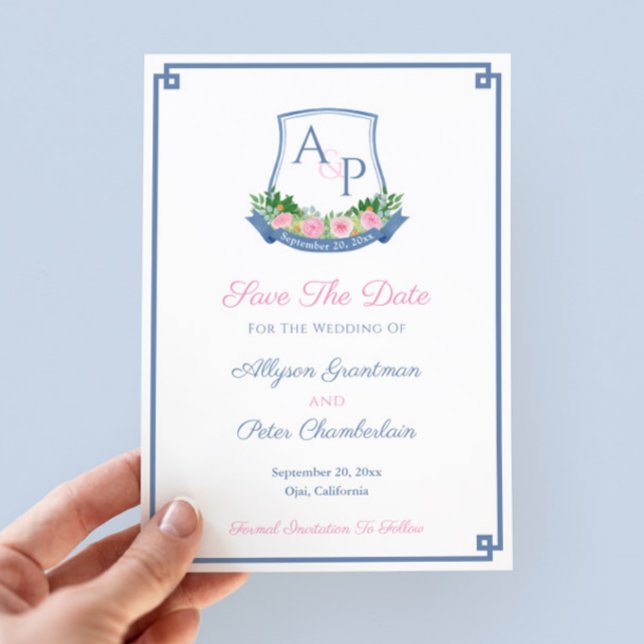 Elegant Monogram Navy Pink Roses Wedding Crest Save The Date (Preppy wedding save the date featuring a hand-painted watercolor navy and hot pink monogram crest)
