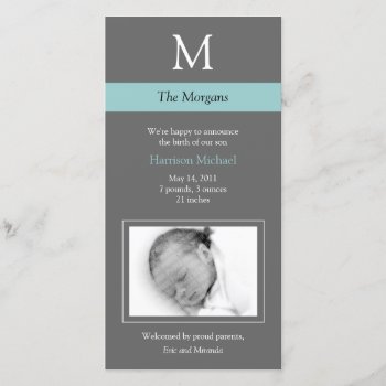 Elegant Monogram New Baby Photo Card - Gray/blue by mazarakes at Zazzle