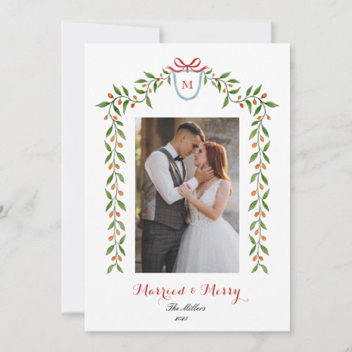 Elegant monogram Newly wed Holiday Announcement