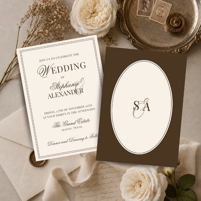 Elegant Monogram Old Money Brown & Ivory Wedding Invitation (Creator Uploaded)