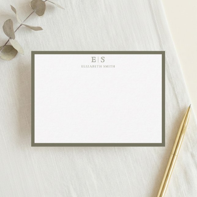 Elegant Monogram Olive Green Border Note Card (Creator Uploaded)