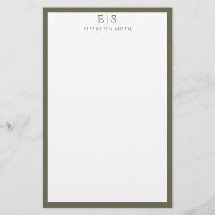 Elegant Monogram Olive Green Border Stationery