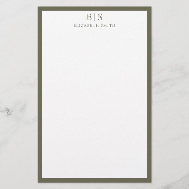 Elegant Monogram Olive Green Border Stationery (Front)