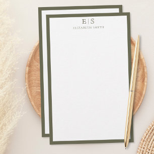 Elegant Monogram Olive Green Border Stationery