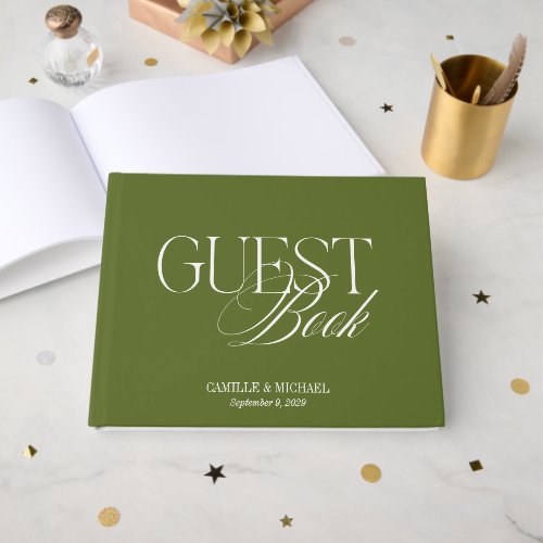 Elegant Monogram Olive Green Red Wedding Guest Book