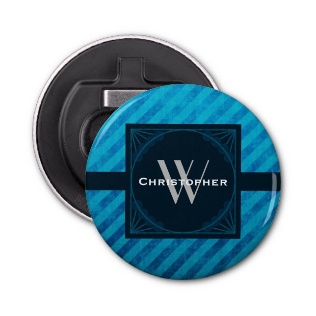 Elegant Monogram on a Blue Art Deco Square Bottle Opener (Front)