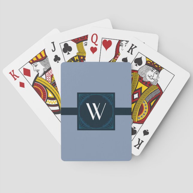 Elegant Monogram on a Blue Art Deco Square Poker Cards (Back)