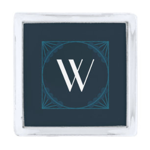 Elegant Monogram on a Blue Art Deco Square Silver Finish Lapel Pin
