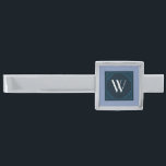 Elegant Monogram on a Blue Art Deco Square Silver Finish Tie Bar<br><div class="desc">Customize / Personalize with your monogram initial on a blue square with a fancy art deco design.</div>