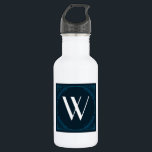 Elegant Monogram on a Blue Art Deco Square Water Bottle<br><div class="desc">Customize / Personalize with your monogram initial on a blue square with a fancy art deco design.</div>