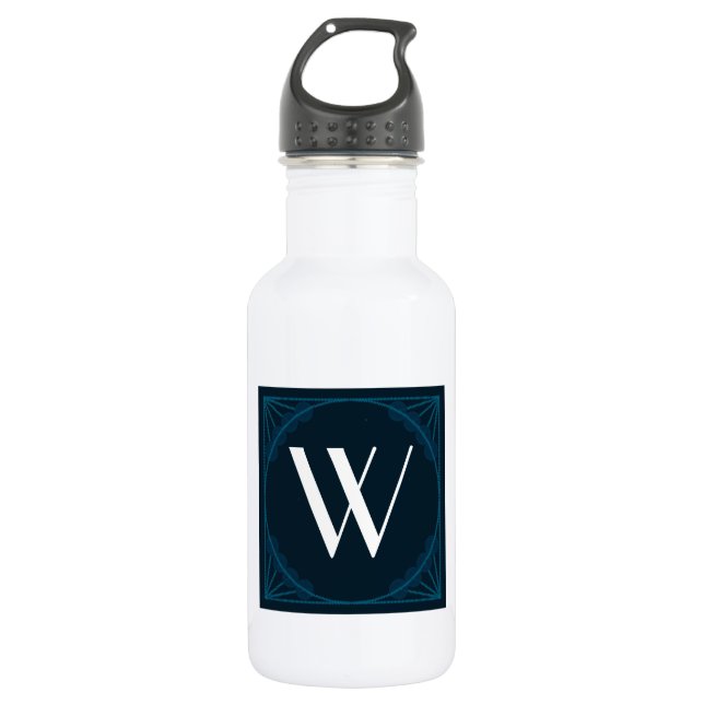 Elegant Monogram on a Blue Art Deco Square Water Bottle (Front)