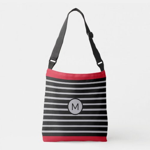 Elegant Monogram on Black Red  Silver Striped Crossbody Bag