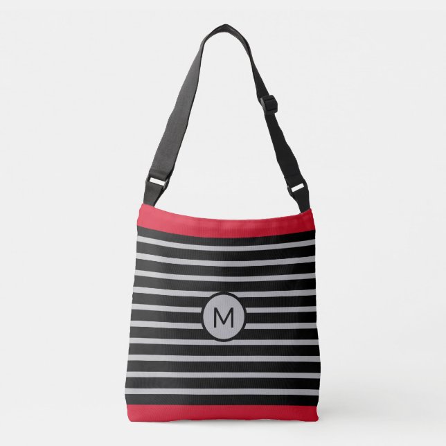 Elegant Monogram on Black, Red & Silver Striped Crossbody Bag (Front)