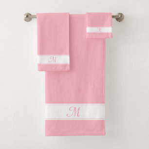 Elegant Monogram on Cherry Blossom Pink & White Bath Towel Set
