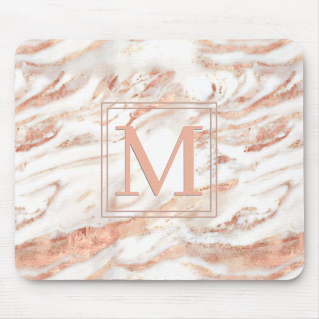 Elegant Monogram on Chic Copper Rose Gold Marble Mouse Pad (Front)