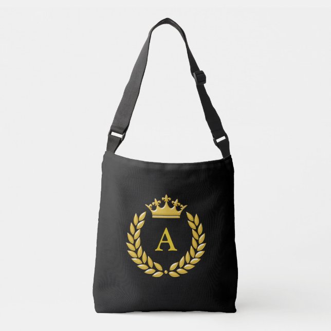 Elegant Monogram on Golden Crown & Laurel on Black Crossbody Bag (Front)