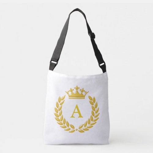 Elegant Monogram on Golden Crown  Laurel on White Crossbody Bag