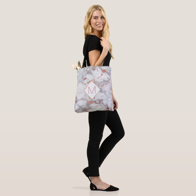 elegant monogram on rose gold and grey marble tote bag (On Model)