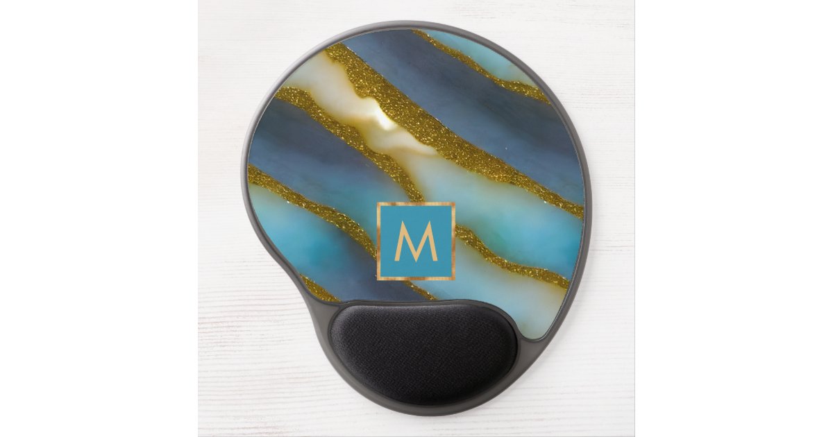 Elegant Monogram Opal, Blue and Gold Foil Gel Mouse Pad | Zazzle