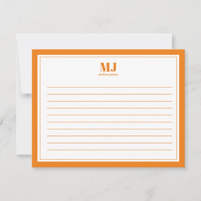 Elegant Monogram Orange Border Minimalist Note Card (Front)