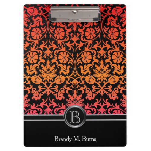 Elegant Monogram Orange  Pink Floral Damask Clipboard