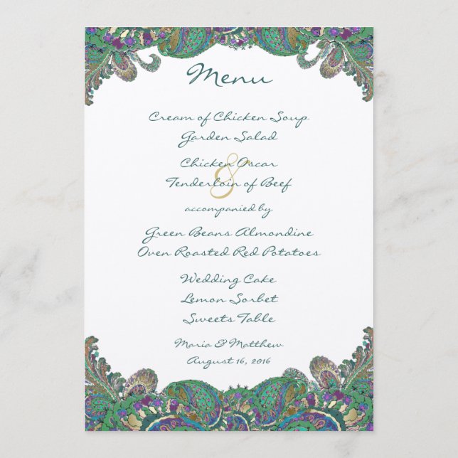 Elegant Monogram Paisley Peacock Colors Wedding Menu (Back)