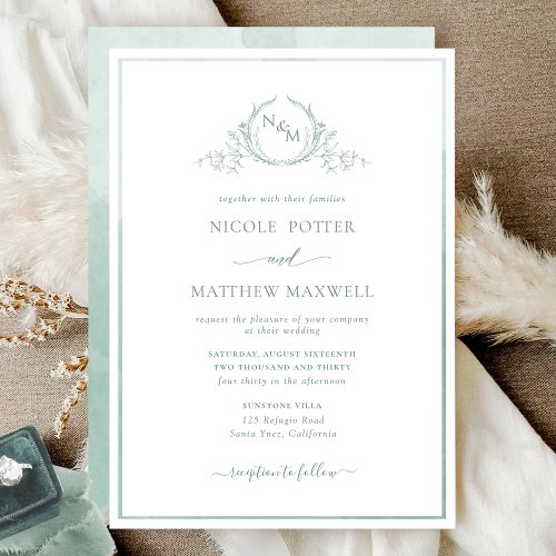 Elegant Monogram Pale Green Watercolor Wedding Inv Invitation