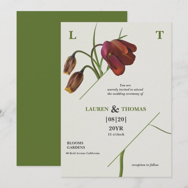 Elegant Monogram Papaya Whip Bloom Tulips  Wedding Invitation (Front/Back)