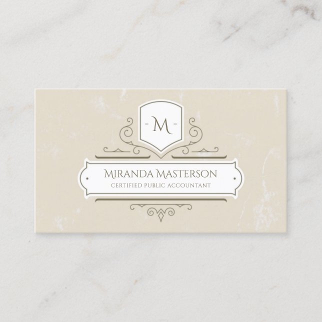 Elegant Monogram Parchment Logo Public Accountant Business Card (Front)