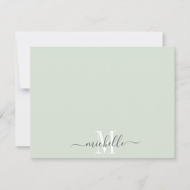 Elegant Monogram Pastel Green White Script Name Note Card (Front)