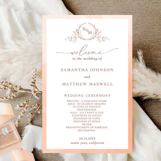 Elegant  Monogram Peach Wedding Program (Creator Uploaded)
