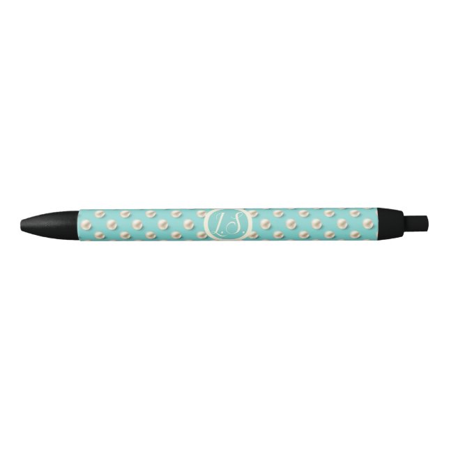 Elegant Monogram Pen with Teal Pearls Design (Front)