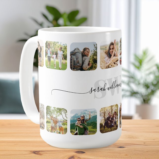 Elegant Monogram Personalized 14 Photo Collage Coffee Mug (Creator Uploaded)