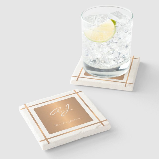Elegant monogram personalized gold script name stone coaster (Side)