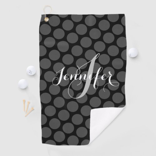 Elegant Monogram Personalized Grey Polka Dots Golf Towel