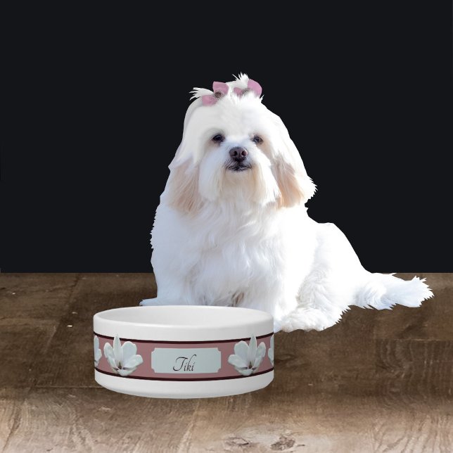 Elegant Monogram Pet Bowl with Magnolia Flowers (Creator Uploaded)