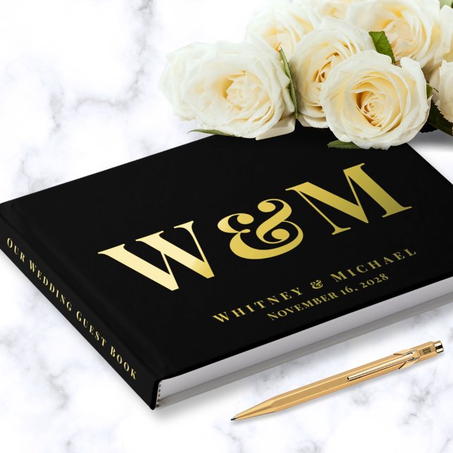 Elegant Monogram Photo Black Wedding Foil Guest Book (Creator Uploaded)