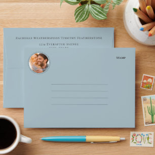 Elegant Monogram Photo Blue Gray Wedding Envelope