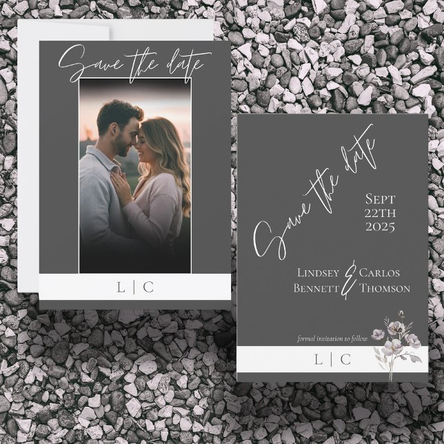 Elegant Monogram Photo Caligraphy Dark Gray  Save The Date (Creator Uploaded)